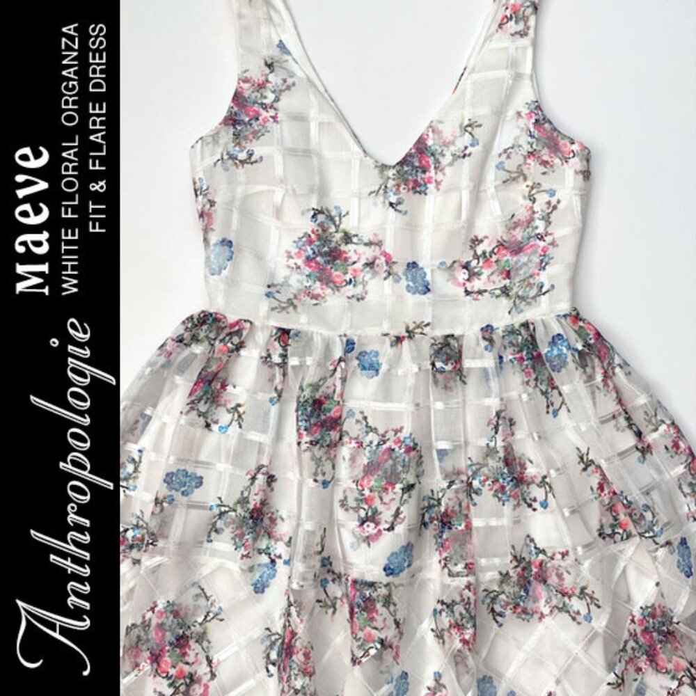 Anthropologie Maeve EUC White Floral Organza Fit & Flare Dress Size 6